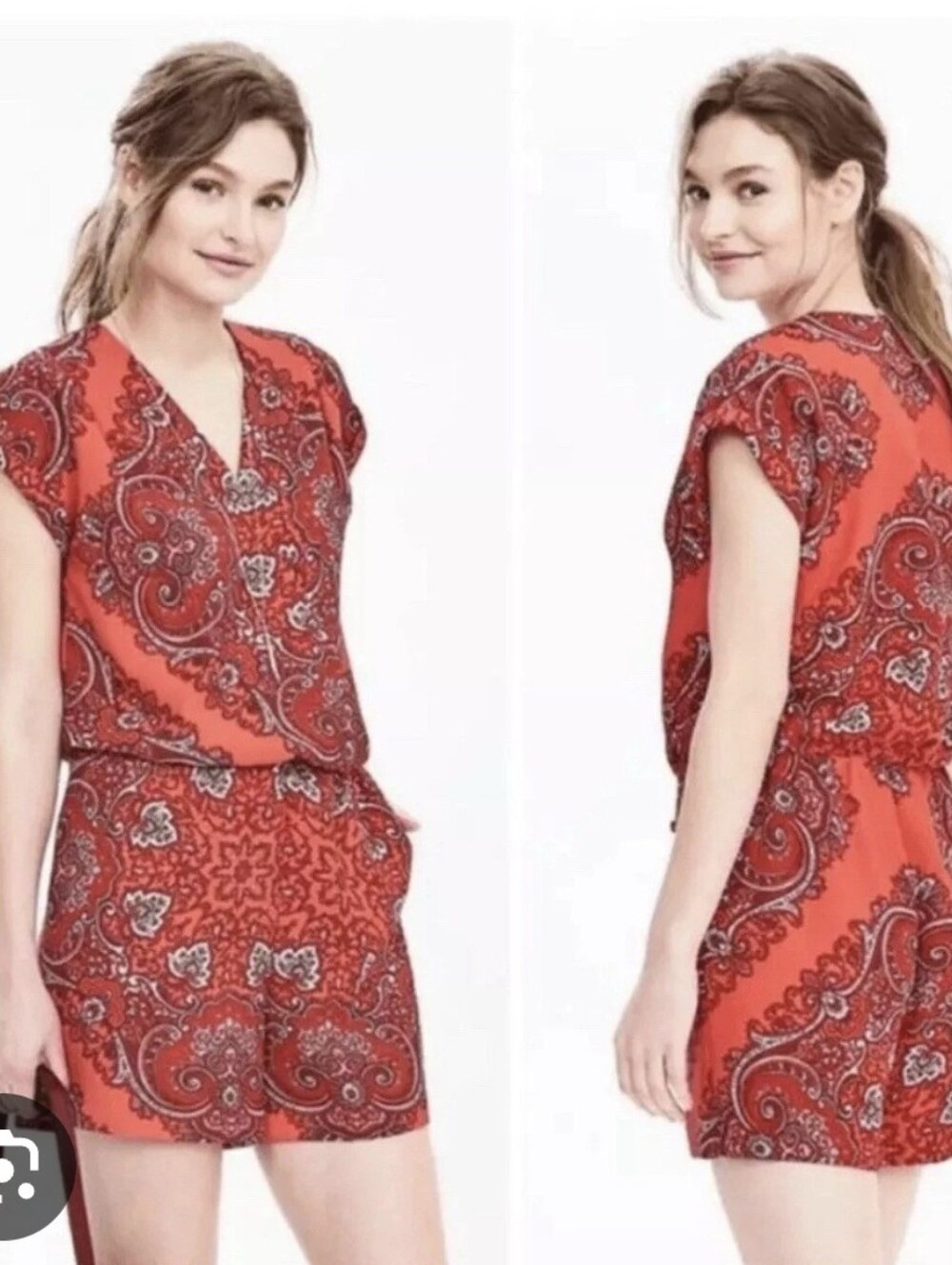 Banana Republic-Size4-red paisley print cap-sleeve romper
